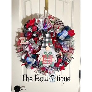 Handmade Merry Christmas Gnome Holiday Ribbon Door Wreath 22 ins W47